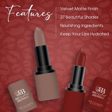 Beauty Berry Soft & Matte Moisturizing Velvet Lipstick For Women - Long-Lasting, Hydrating, High-Pigment Color. (Shade 05)